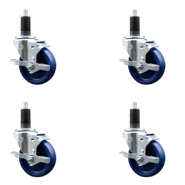 4'' SS Solid Poly Swivel 1-1/4'' Expanding Stem Caster Set with Brake, 4PK